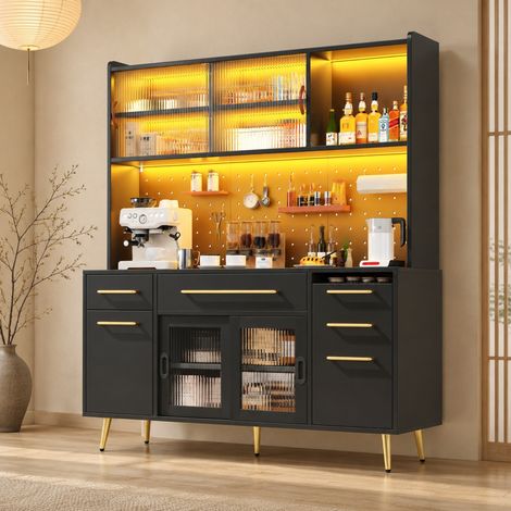 Aparador de cocina 145x39x171 cm MDF, vidrio negro, LED y almacenaje modular - CHICFURN (1/5)