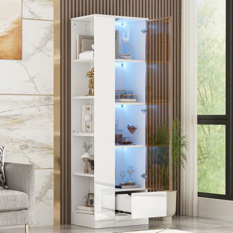 Vitrine avec porte vitrée et éclairage LED – laqué brillant, tiroirs + ouverts, offrant un rangement pour le salon et la, blanc, 50 x 35 x 160 cm (1/5)