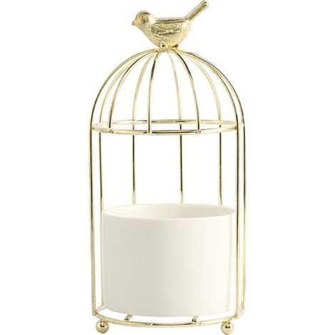 Pot À Plantes - Suspension Cage Oiseaux En Céramique Et Fer - Pour Succulentes Fleurs Décoration Intérieure Bureau Salon - 9 x 9 x 20 cm - 1 Pièce (1/5)