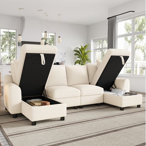 Canapé d’angle U 280x137x84 cm en chenille beige avec rangement, pour salon – MEUBLIV (1/5)