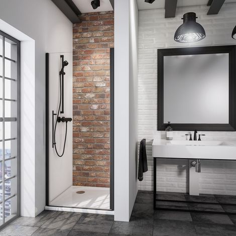 Schulte – Porte de douche pivotante 70 cm – Verre 5 mm transparent anticalcaire – Profilé noir – Système autolevant pour accès facile – 192 cm de hauteur