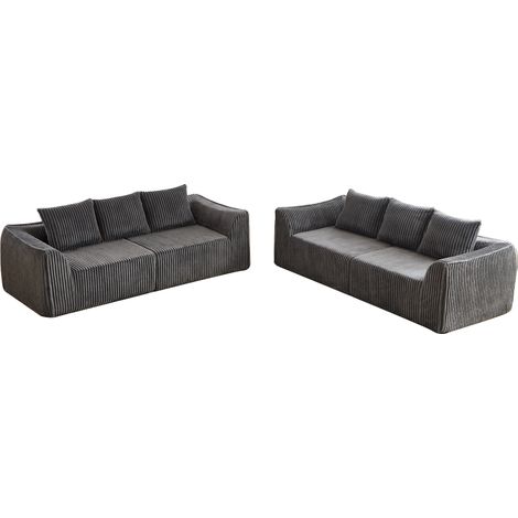 Sofá modular de corduroy gris con líneas curvas y 5 cojines (1/5)