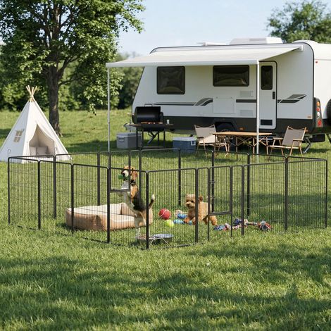 Grand enclos modulable 16 panneaux avec 2 portes résistant aux intempéries, acier, 3,2 x 3,2 x 1 m, gris (1/5)