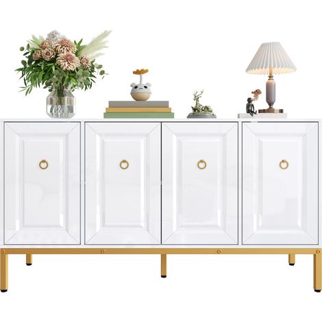 Buffet de rangement blanc laqué avec portes géométriques, pieds et poignées dorés, étagères réglables, 140 x 40 x 80 cm CHICFURN (1/5)