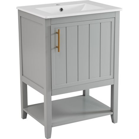 CAIziMeuble salle de bain 60 cm simple vasque céramique gris étagères rangement (1/5)