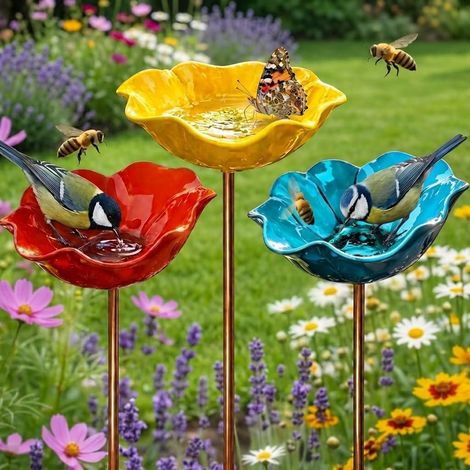 Abreuvoir Oiseaux - 1 Pièce - Métal - Forme Fleur - Pour Jardin Et Terrasse - Rouge Jaune Bleu (1/5)