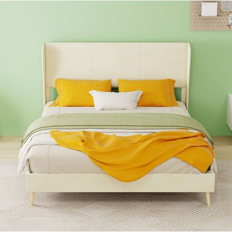 Bett Stoff Beige 140x200 cm, gepolstertes Kopfteil, inklusive Bettgestell, ohne Matratze (1/5)