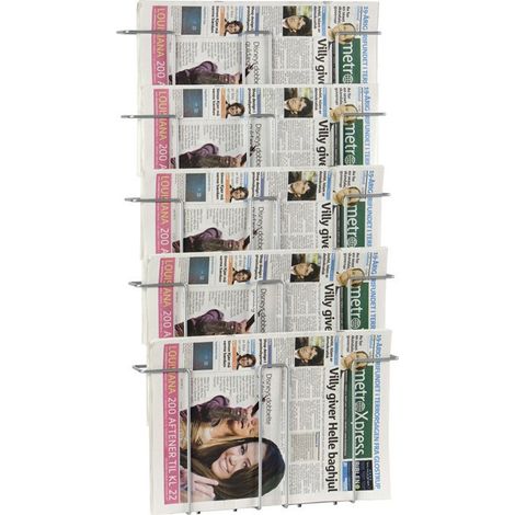 Porte-prospectus mural 5 casiers DIN A3 – Dimensions H 780 x l 436 mm – Structure en fil métallique argenté – Pour affichage moderne - H780xl436xP (1/2)