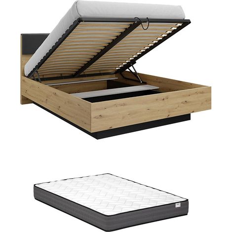 Letto con contenitore con comodini 160 x 200 cm con LED Naturale e Nero + Materasso - ARIADA