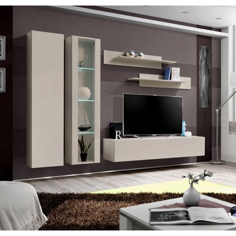 Ensemble meuble TV mural Fly A4 avec vitrine et éclairage LED - Bois MDF cachemire - 240 x 170 x 40 cm - Livraison gratuite