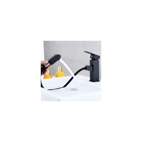 Mitigeur lavabo noir douchette acier inoxidable levier unique eau chaude et froide avec tuyaux inclus robinet noir salle de bain (1/5)