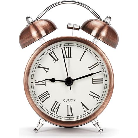 Reloj despertador de viaje silencioso estilo retro vintage, sin tictac, reloj analógico de cuarzo con doble campana y alarma potente, funciona con pilas, ideal para niños (7,6 cm). (1/4)
