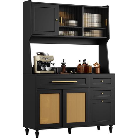 Armoire de cuisine noire 120cm, buffet haut avec LED et portes en verre, meuble de rangement avec 3 tiroirs et étagères réglables (1/5)