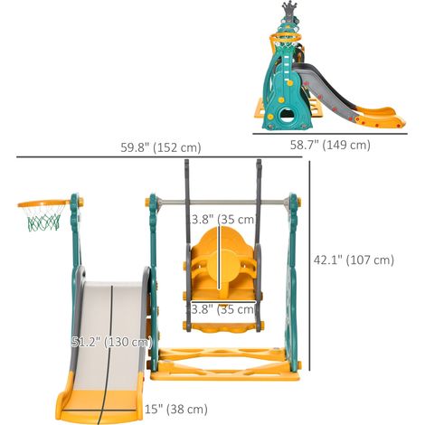 Ensemble de jeux d'extérieur 4 en 1 pour enfants avec toboggan, balançoire, panier de basket et structure d'escalade à hauteur réglable pour tout-petits, utilisable à l'intérieur comme à l'extérieur. (1/5)