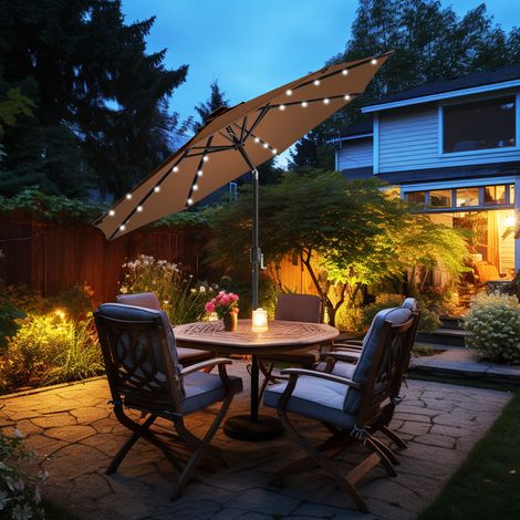 Patio Garden Parasol LED Lights Sun Shade Round Umbrella with Crank Tilt 2.7M Coffee