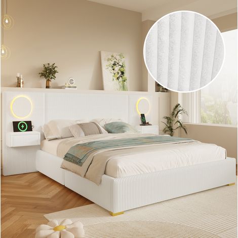 Letto imbottito 180x200 cm in velluto beige con testiera LED, USB e cassetti laterali (1/5)