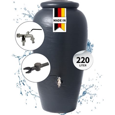 4rain AMPHORA Regentonne Komplett-Set 220 Liter graphite grey inkl. Chrom-Doppelauslaufhahn und Fallrohranschluss (1/5)
