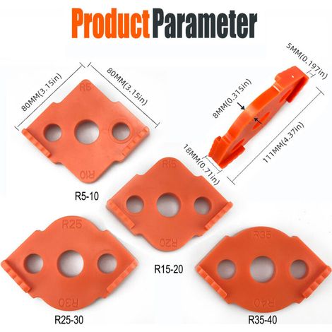 Maschera per fresatura angolare per router, 4 pezzi, maschera per raggi, 8 raggi, maschera per foratura circolare, durezza ABS, maschera rapida CNC per lavorazione del legno (arancione) (1/4)