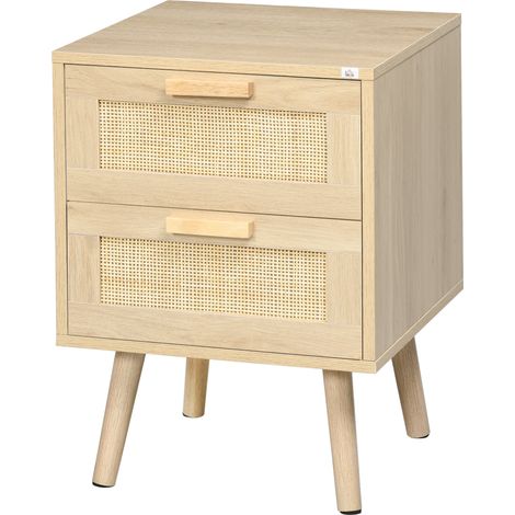 Comodino 2 Cassetti 40x40x56 cm in Legno e Rattan Naturale (1/5)