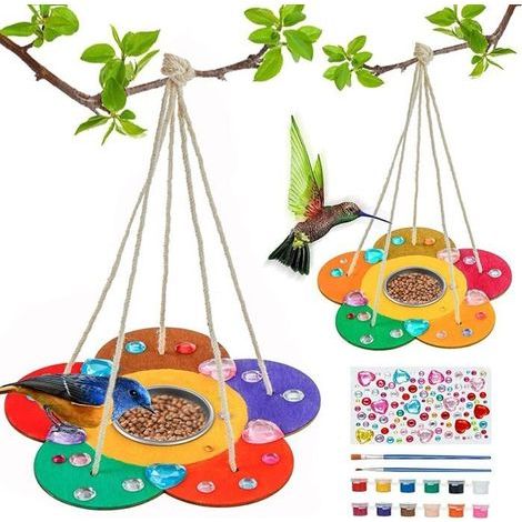 Mangeoire à oiseaux intelligente en bois pour enfants, fabriquée à la main - sac de 2 mangeoires + perceuse + pinceau 12 couleur (1/5)
