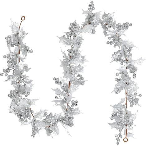 Guirlande de baies artificielles avec baies scintillantes et feuilles de houx, 175cm Argent