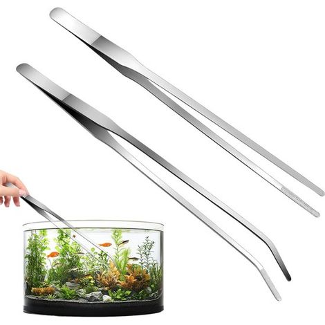 Confezione da 2 pinzette curve per acquario, una dritta e una curva, in acciaio inossidabile, lunghe 27 cm, ideali per lucertole, ragni, pesci e acquari. (1/5)