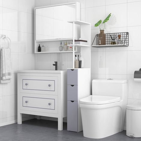 Colonne de salle de bain - 15x33x136,8 cm - placard avec meuble - étagères et tiroirs - meuble en bois économe d’espace - gris clair (1/4)