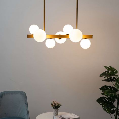 Kosilum – Suspension barre à sphères en verre blanc 80 cm – Structure en laiton – Lumière douce et chaleureuse – Pour espaces modernes (1/5)