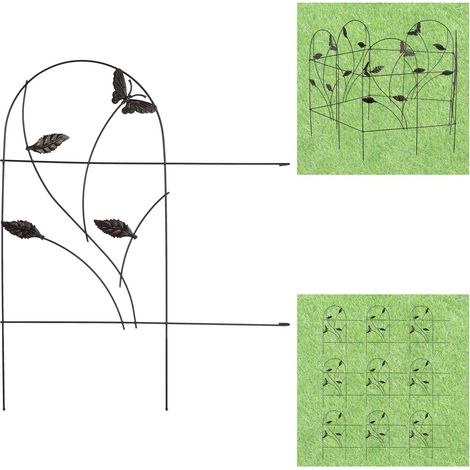 10 Paneles Valla Jardín, 46 x 500 cm, Reja Huerto Metálica, Cerramiento Césped, con Hojas y Mariposas, Negro