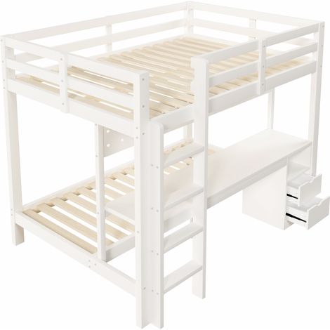 Lit superposé avec bureau, lit en bois de pin, lit enfant 90x200 et 140x200 avec tiroirs, panneau perforé et éclairage LED. (1/5)