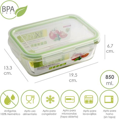 Recipiente Hermetico Cristal Rectangular 850 ml. 19.5x13.3x6.7 (alt) cm.
