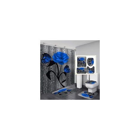 Duschvorhang-Set mit Blumenmuster, inklusive rutschfester Matte, WC-Sitzbezug und Badematte Duschvorhang mit Tropfenmuster und 12 Haken wasserdichter Duschvorhang aus Stoff – Crezuo