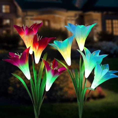 Lampes solaires d'extérieur, 8 fleurs en forme de lys, LED multicolores, pour jardin pique-nique, terrasse (bleu et violet) (bleu) (1/4)