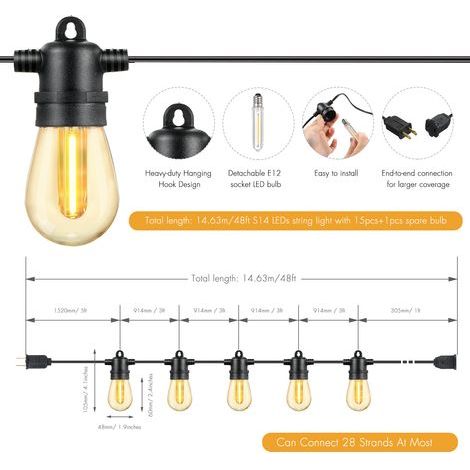 Ortviai Guirlande lumineuse extérieure S14 14,63 m, 15+1 ampoules LED E12, IP65, blanc chaud, 2700 K (1/5)
