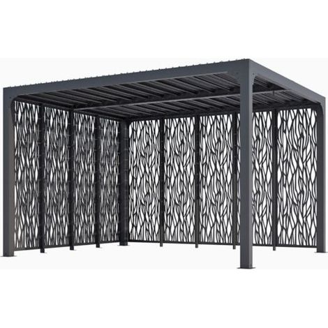 Pergola bioclimatique aluminium 10,8m2 – Panneaux moucharabieh gris – Dimensions 360x300cm – Ventelles orientables jusqu'à 90° – Altona (1/3)