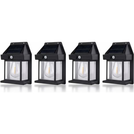 Conjunto de 4 luces solares incandescentes para jardín, apliques de pared para exteriores, farolas y luces solares para el hogar con detección de personas. (1/5)
