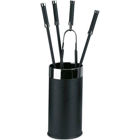 Porta attrezzi camino tondo acciaio nero e cromo 4 accessori h.60 d. 16 cm.  Made in Italy