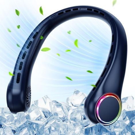Ventilateur de Cou Portable sans Pales - 3 Vitesses - Rechargeable 4000 mAh - Silencieux - USB - avec Lumière LED - Cadeau pour Homme et Femme