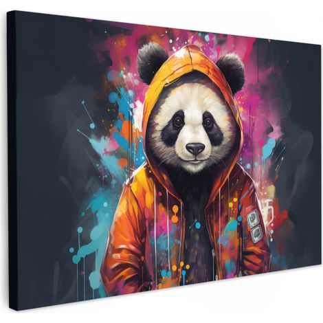 TABLEAU SUR TOILE Panda - Veste - Graffiti - Orange Tableau Cuisine Décoration murale 90x60 cm