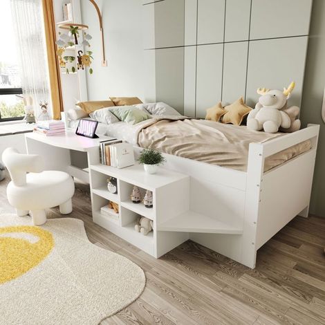 Lit combiné enfant - SOGEU - 90x200 - Bureau intégré avec 2 USB + prise - Rangements intégrés - Bois blanc