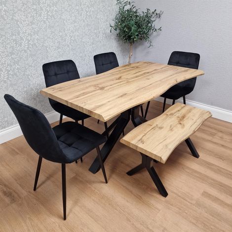 Wooden Dining Table with Bench and 4 Black Velvet Chairs, Stylish Dining Room Furniture