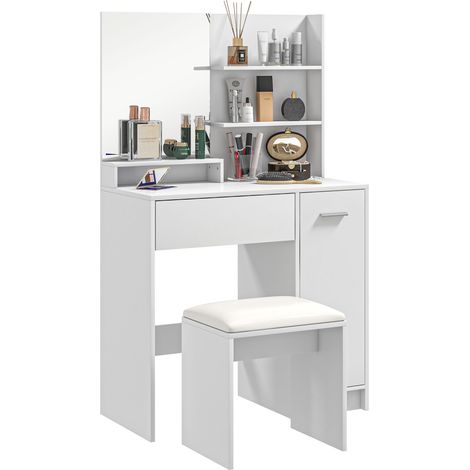 Dressing Table and Stool Set, with Storage - White