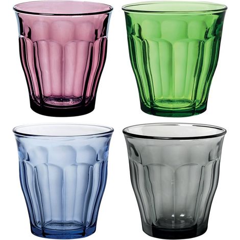 Lot de 4 gobelets 25 cl en verre trempé – Assortiment prune, gris, marine, vert – Résistant aux chocs thermiques – Compatible micro-ondes – Duralex