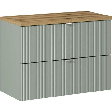 Insieme ELVINA 80cm: mobile sottolavabo con cassetti in verde salvia grigio + piano per lavabo effetto legno scuro