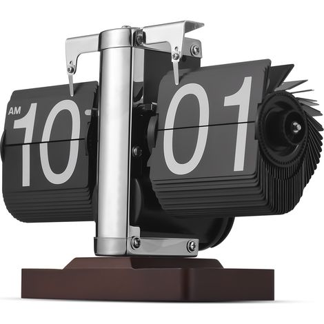 Reloj de mesa plegable vintage, PVC + aleación + madera, negro, visualización de 12/24 horas, esfera mecánica, función de giro, diseño retro, decoración de oficina [20,5 x 14,3 x 7 cm]
