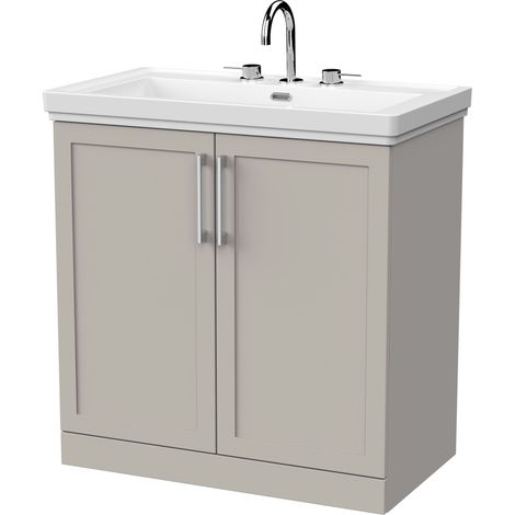 Stonnall Traditional Floor Standing 2 Door Vanity Unit with Traditional 3 Tap Hole Fireclay Basin, 800mm, Pebble Grey