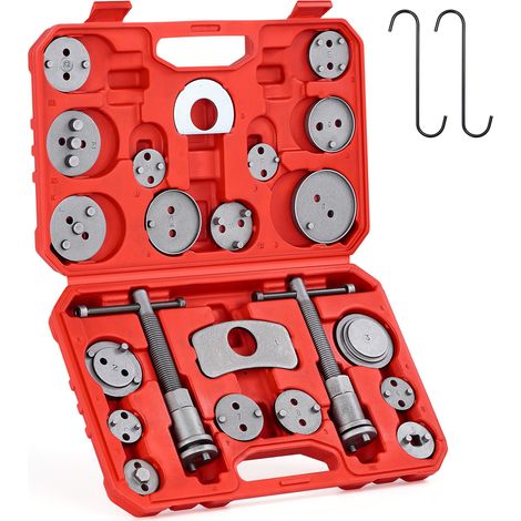 24-teiliges Bremssattel-Kolben-Druckwerkzeug-Set mit Druckbolzen, Halteplatten, Bremssattelhalterungen, 18 Scheibenadapter, Mechaniker-Werkzeuge mit Koffer, rot