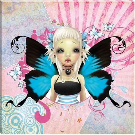 Cadre en toile fée papillon bleu et rose 28 x 28 cm
