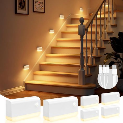 Veilleuse Détecteur de Mouvement, Lot de 6 Lampe Detecteur de Mouvement Interieur avec 2 Mode lumière et 1200mAh Batterie, Lampe Veilleuse pour Escalier, Couloir, Chambre, Armoire (Blanc) (1/5)