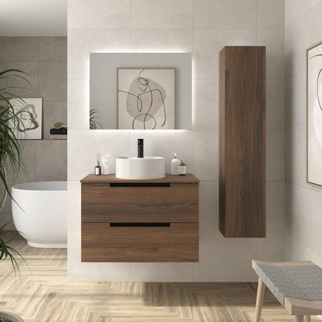 Mueble de Baño LENI 80cm Nogal 2 cajones Lavabo sobre encimera 1 poza Porcelana (1/5)
